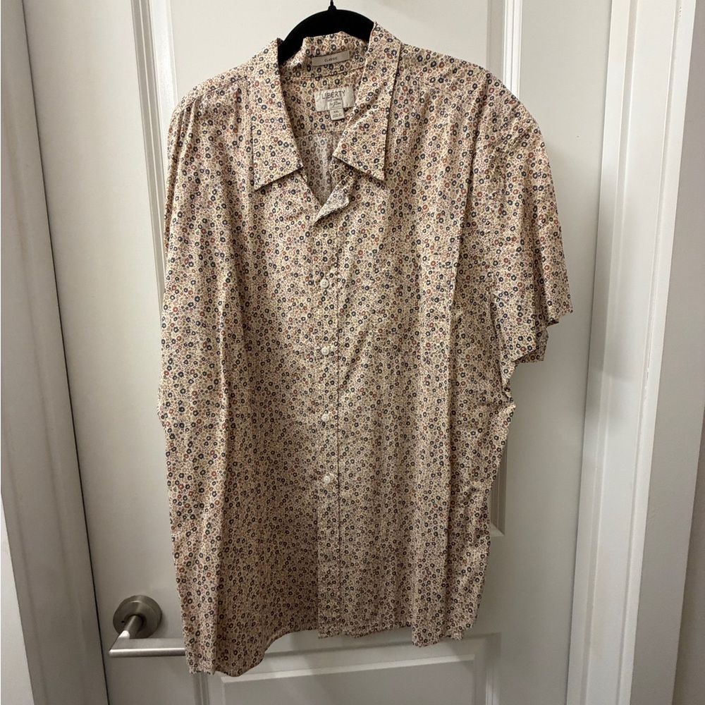 J. Crew Beige Short-Sleeve Button-Down with Small Floral Print